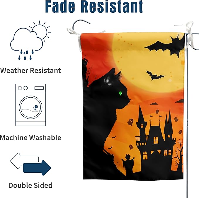 Black Cat Garden Flag 12 x 18 Halloween Cat with Green Eyes Decorative Flags for Outside Yard Decor Double Sided
