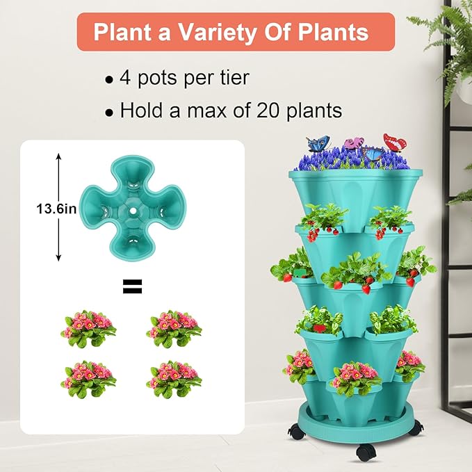 Vertical Planter, 5 Tier Stackable Strawberry Planter with Garden Tool Set, Movable Indoor/Outdoor Garden Herb Pot for Growing Vegetables and Succulents, Teal