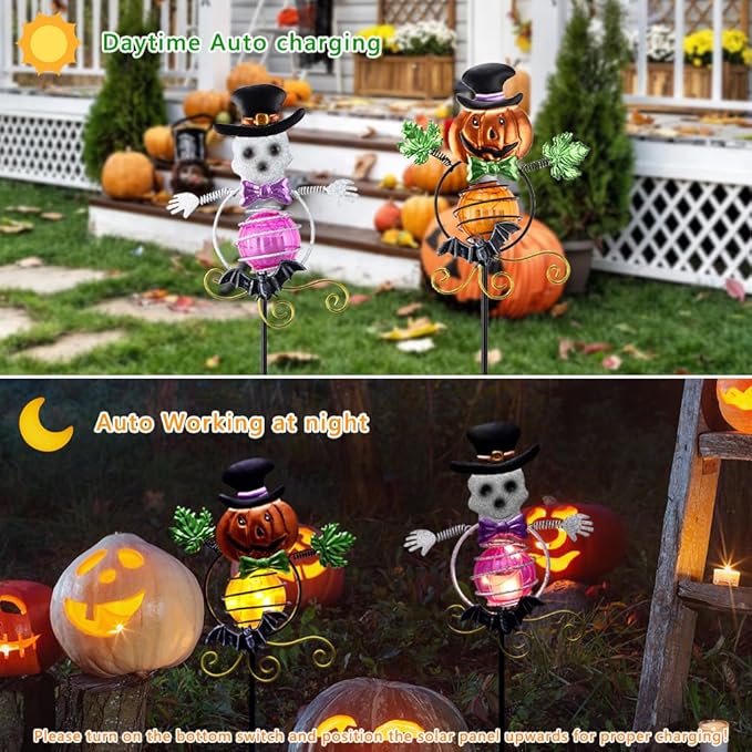 Solar Halloween Decorations Outdoor,2 Pack Pumpkin＆Skull Halloween Metal Yard Stakes,Solar Yard Signs Decorative Garden Stakes for Outside Lawn Patio Pathway