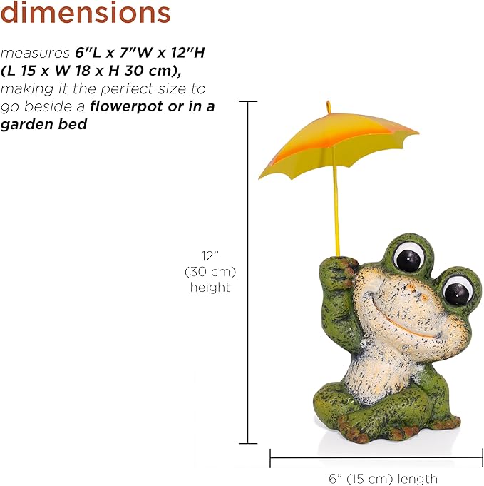 Alpine Corporation QWR1010HH 12" Tall Garden Frog Statue - Sitting Jolly Frog with Yellow Umbrella Decoration – Ceramic Yard & Patio Decor – Durable Lawn Sculpture