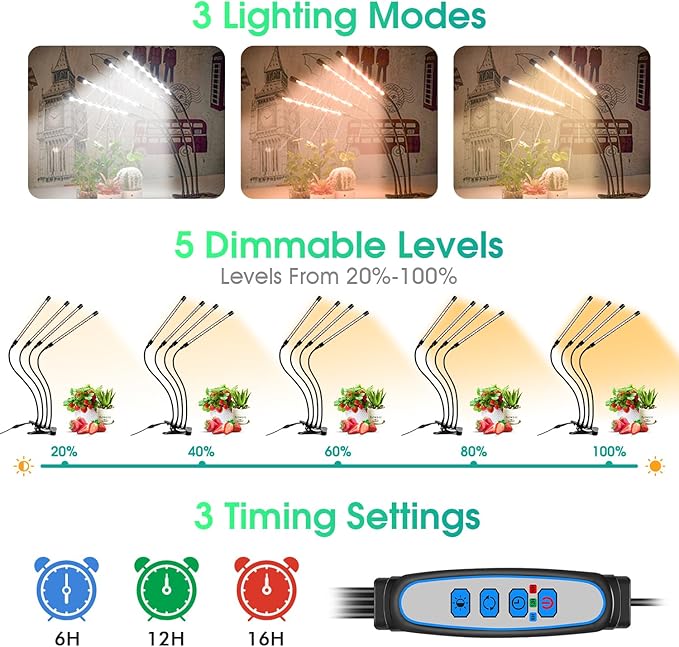 Wolezek Grow Lights for Indoor Plants, 80 LED 4 Heads Full Spectrum Grow Light with Clip, Plant Light with 5000K 3000K 660nm LED Chips, Auto Timer 6 12 16 Hrs, Grow Lamp for Seed Starting
