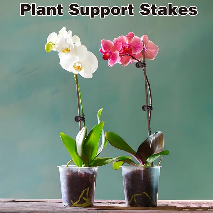 10Pcs Plant Support Stakes with 15Pcs Plant Clips, 15.75inch Tall Bendable Single Stem Sticks Orchid Clips Brown Helps Growth for Indoor Outdoor Flowers Rose Amaryllis