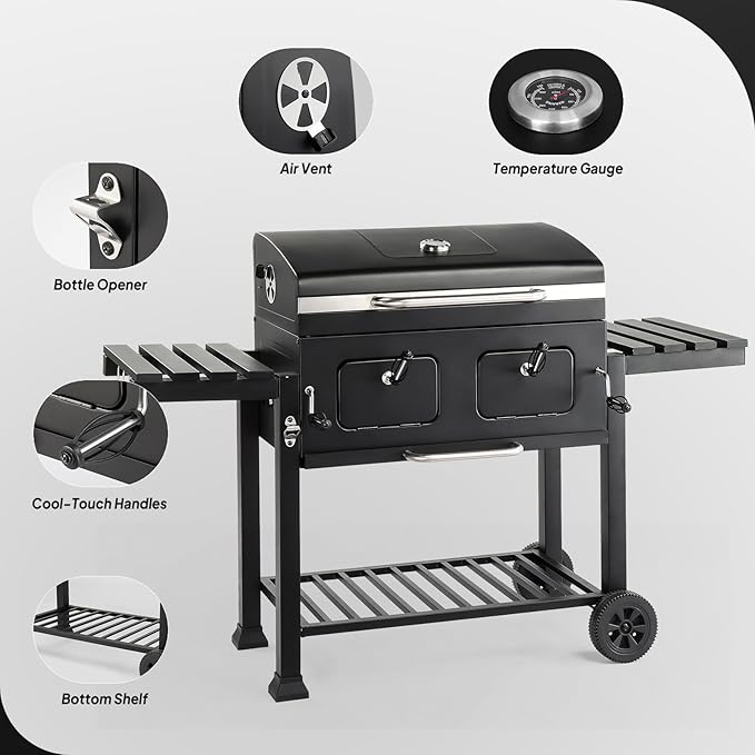 ROVSUN Charcoal Grill with Two Side Tables, Extra Large Cooking Area, Two Individual Lifting Charcoal Trays, Pull-out Ash Tray, Perfect BBQ Grill for Outdoor Picnic, Black