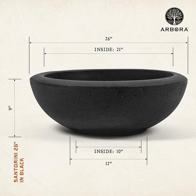 ARBORA 26" Santorini Bowl 2-Pack with Classic Black Finish - Polyresin Indoor and Outdoor Planters, Durable, Weatherproof, Lightweight, Large Plant Pots for Patio, Garden, Deck, Entryway