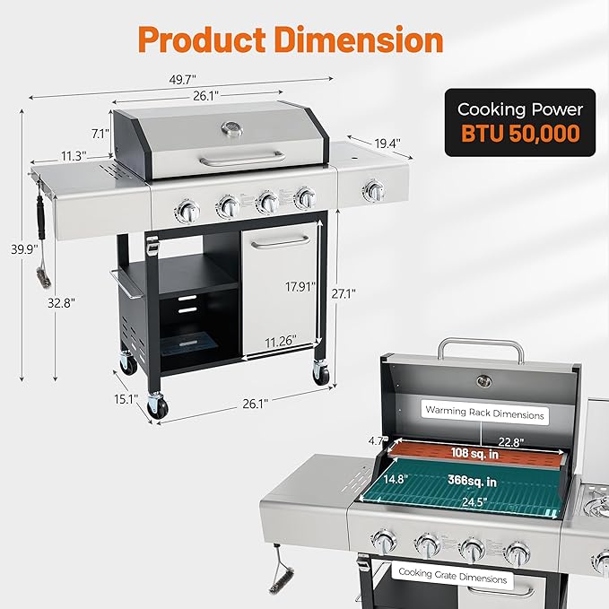 5-Burner Propane BBQ Grill with Side Burner, Each Main Burner 10,000 BTU, 50,000 BTU Total, Stainless Steel Outdoor Gas Grill, Porcelain Cast Iron Grates, Lockable Wheels for Backyard & Patio