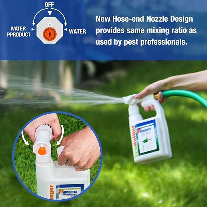 EcoVenger by EcoRaider Mosquito Control Triple-Action Hose-end Spray 32 oz, Kills Aphids, Gnats, Ticks, Kills All Stages + Larvae Control + Lasting Repellency, Citrus Scent, Non-Toxic Child-&-Pet-Safe