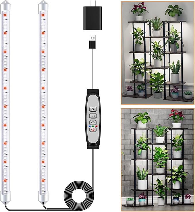 2 Bars Grow Light Strips for Indoor Plants with Auto ON/Off Timer 6/12/18H, 5 Dimmable Levels for Shelves Plant Growing (2 Bars, 1 Pack)