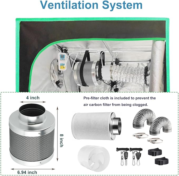 Grow Tent Kit Complete System High Reflective Mylar Indoor Grow Tent Hydroponics Growing Tent with Full Spectrum LED Grow Light Observation Window, Ventilation Fan,Carbon Filter (32" x32" x 63")