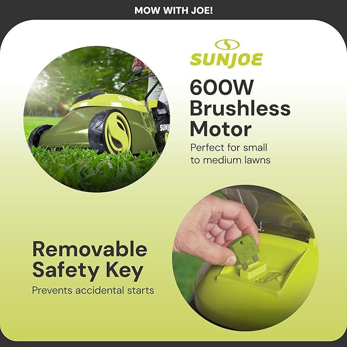 Sun Joe Cordless Lawn Mower, 14" Electric Walk Behind Grass Cutter with 3 Position Height Adjustment and Detachable Catcher, Green, MJ401C-PRO