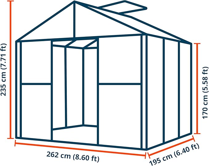 Greenhouse Rubin 3 Aluminum Frame 8.6 x 6.4 ft with Approx. 10 mm Polycarbonate Panels - with 2 Extra Skylights and 4 Automatic Window Openers