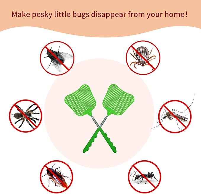 Fly Swatters 2 Pack Green, Durable Telescopic Stainless Steel Handle, Heavy Duty Upgraded Plastic Fly Swatter Set for Indoor Outdoor Home Hiking Camping Garden