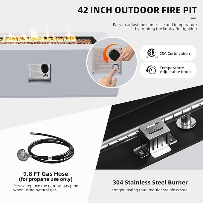 UPHA 42-inch Outdoor Propane Gas Fire Pit Table 50000 BTU Iron Rectangle Firepit for Outside Patio with Tank Hidden Table, Removable Lid, Gold Glass Rocks, Rain Cover,White