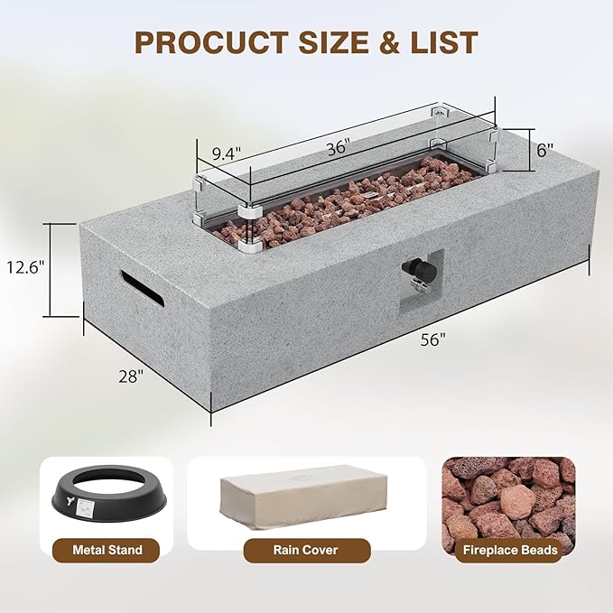 2-Piece Outdoor Propane Fire Pit Table Set – Premium Marble-Like MgO Finish, 56-Inch Gas Fire Table with Glass Wind Guard for Patio, Garden & Backyard, Includes Rain Cover & Lava Rocks