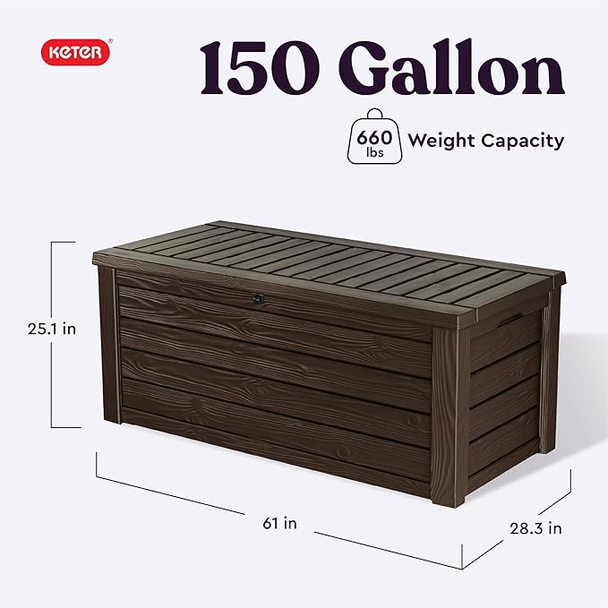 Keter 150 Gallon Resin Large Deck Box Organization and Storage Box for Patio, Outdoor Cushions, Garden Tools, Brown