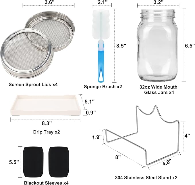 Lulonpon Sprouting Kit, 4 Sprouting Jar Kits, Wide Mouth Quart Mason Jars with Stainless Steel Screen Sprout Lids,1000ml Sprouts Growing Kit, Seed Sprouter Set for Growing Broccoli, Bean, Alfalfa ﻿