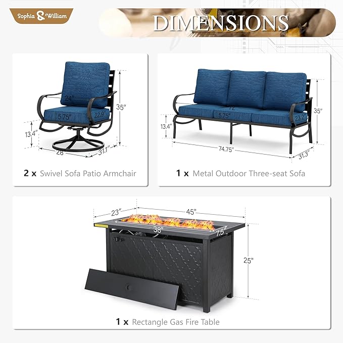 Sophia & William Patio Furniture Sets with 45" Gas Fire Pit Table Outdoor Metal Conversation Sets for 5, 2 x Swivel Cushioned Patio Sofa Chairs, 1 x 3-Seat Sofa 4 Pieces for Lawn Backyard Peacock Blue