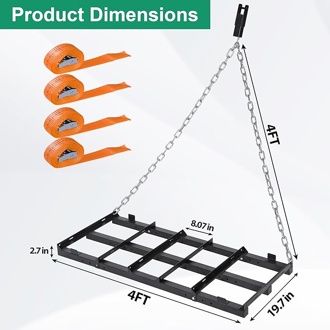 4 FT Drag Harrow Driveway Grader, Heavy Duty Power Rake, Driveway Drag for Gravel w/ 4 FT Chain, Tow Behind Lawn Rake for ATV, UTV, Tractor, Mower, Land Leveler for Gravel, Sand, Soil, Hay