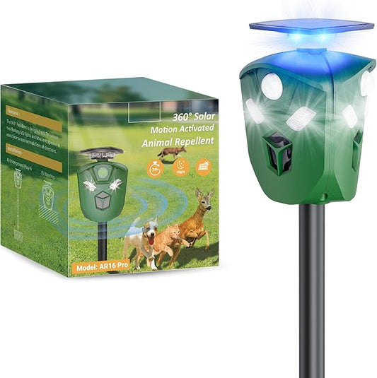 Solar Ultrasonic Animal Repeller Outdoor, 360° All Round Cat Deterrent Outdoor with 6 Flashing Lights and 3 PIR Sensors, Deer Repellent for Repelling Sankes, Raccoons, Cats, Dogs