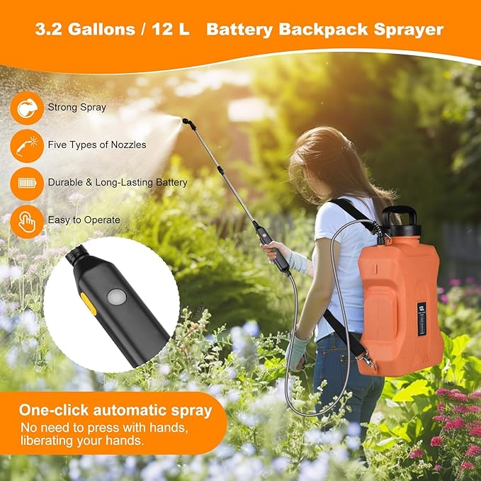 Battery Powered Sprayer 2.1 Gallon, Backpack Sprayer with Retractable Wand & 3 Mist Nozzles & USB Rechargeable Handle, Water Spray Pump Sprayers for Planting Lawn Yard Garden (Orange, 3.2 Gallon)