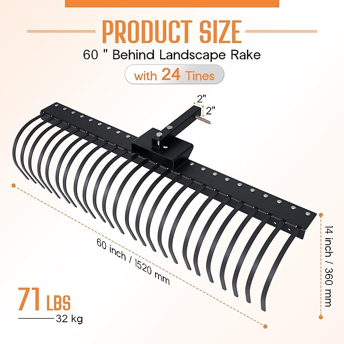 Specraft 60" Behind Landscape Rake for Tractor, Tow Dethatcher Rake with 24 Steel Coil Tines and 2" Receiver, Fit for 3-Point Suspension Systems