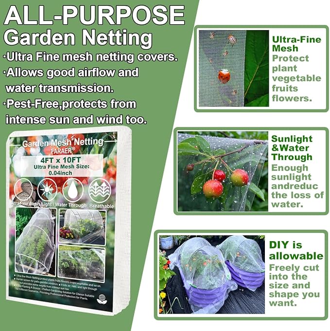 Garden Netting, Plant Covers 4x10Ft Net Ultra Fine Mesh Protection Netting for Vegetable Plants Fruits Flowers Crops Greenhouse Row Cover Raised Bed Barrier Screen Protection Net Cover