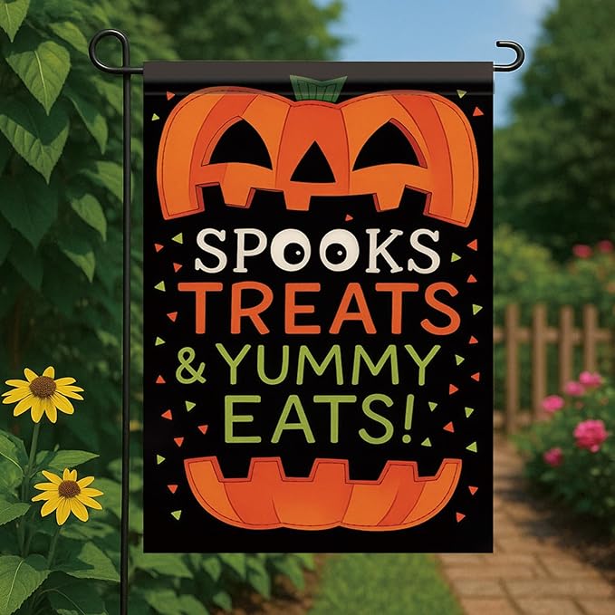 Halloween Garden Flag Spooks Treats & Yummy Eats Pumpkin Flag 12x18 Inch Double Sided Outdoor Yard Banner for Trick or Treat Halloween Decoration Decor