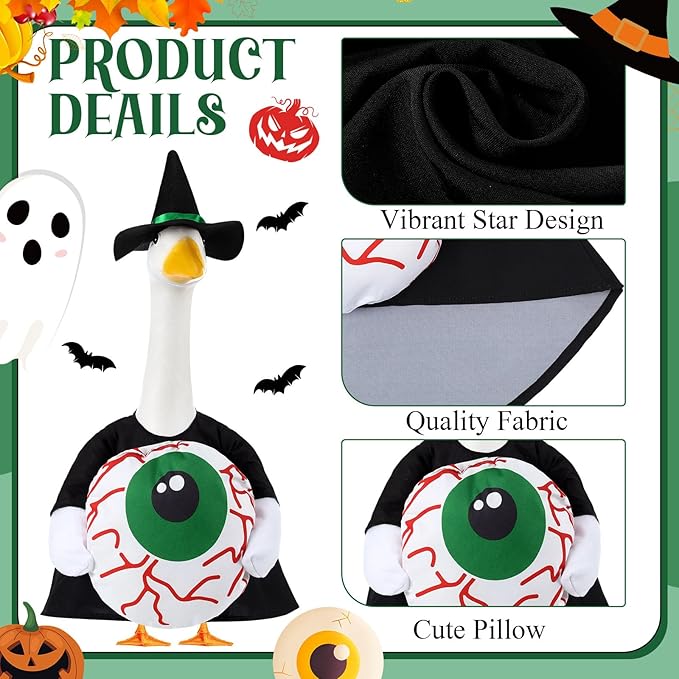 Sanwuta 1 Set Halloween Porch Goose Outfit Eyeball Pillow Design with Hat for 23" Lawn Cement Goose Porch Geese Clothes Costume for Halloween Garden Patio Yard Outdoor Decorations