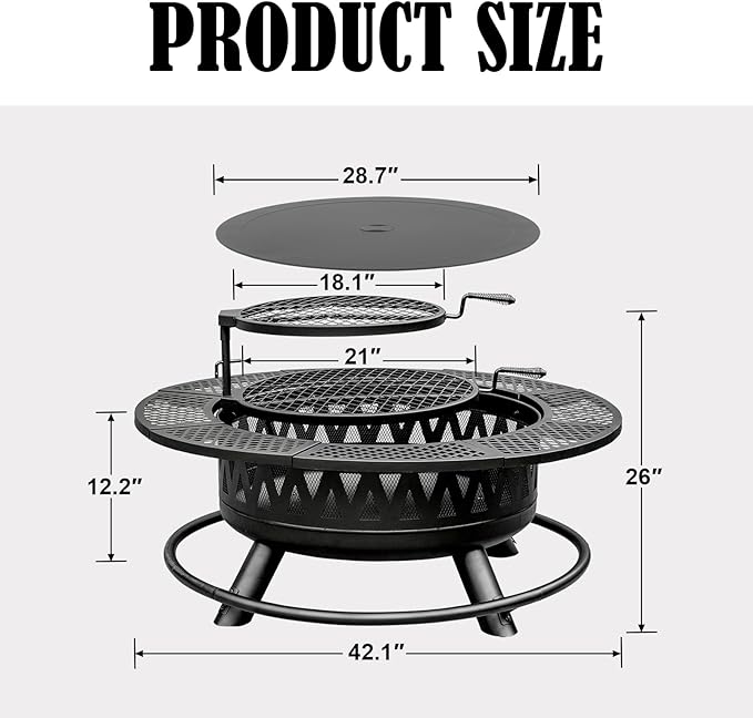 42 Inch Fire Pit with 2 Grills, Large Outdoor Firepits for Outside, Wood Burning Fireplace for Camping,Picnic,Bonfire, 3-in-1 Round Metal Table with Lid for Backyard,Patio,Party