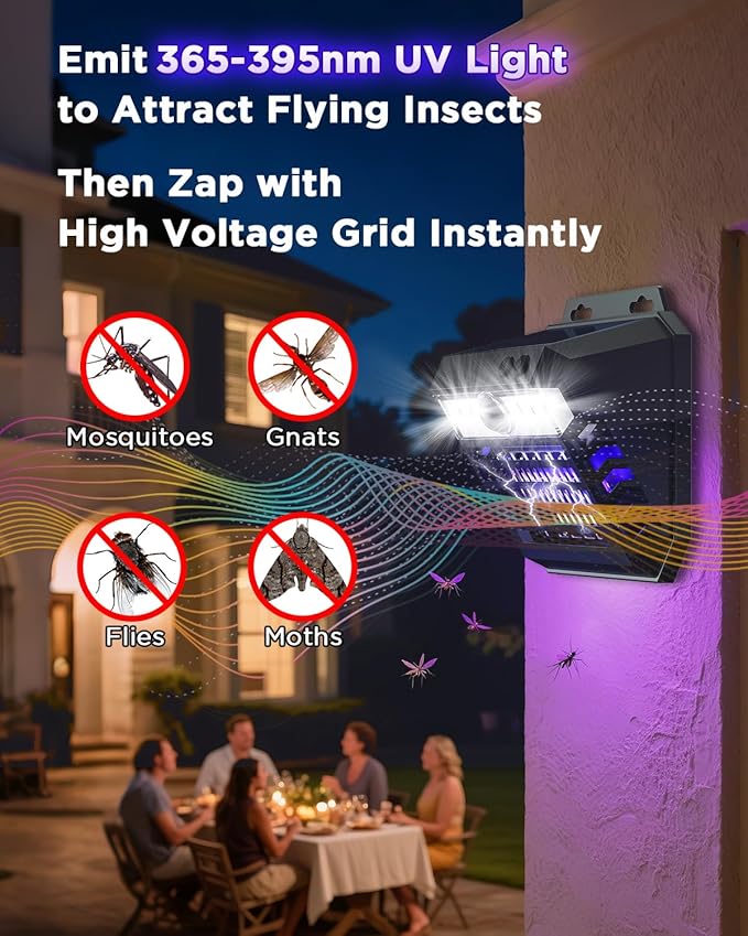 2-in-1 Solar Bug Zapper Outdoor Waterproof with Motion Sensor Light, Cordless Mosquito Zapper Outdoor with 3 Modes, Rechargeable Fly Trap Mosquito Killer Lamp for Patio (Black)