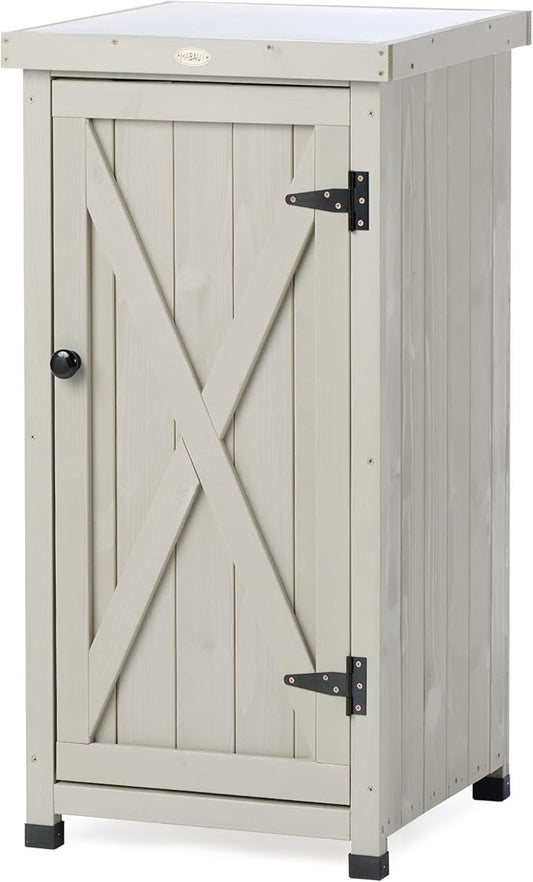 Outdoor Storage Cabinet for Patio, Garden Potting Bench Table with Shelves & Metal-Tabletop, Wooden Planting Work Station, Weatherproof