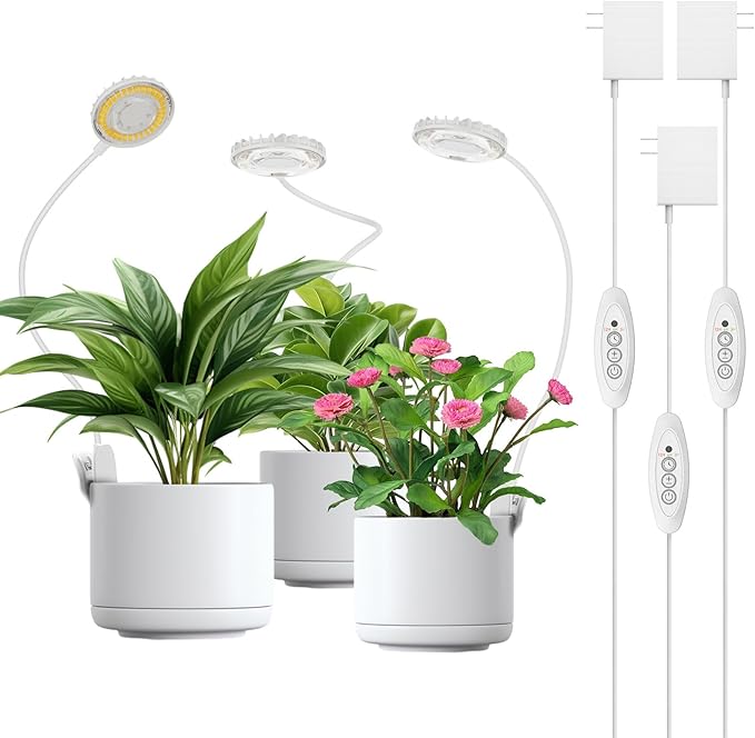 Plant Lights for Indoor Growing, Pot Clip on Grow Lights Full Spectrum, 12W Plant Growing Lamp with 4 Dimmable Levels, 360° Adjustable Grow Plant Lamp， Auto On/Off Timing 4/8/12H, White 3 Pack