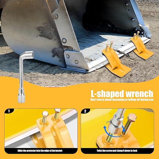 Tractor Bucket Protector(Upgraded Version), 2 Pcs Ski Edge Protector, Turf Tamer Skid Protector with Grade8.8 Double Lock Nuts and Bolts, Heavy Duty Steel for Snow Removal Spreading Gravel,Yellow