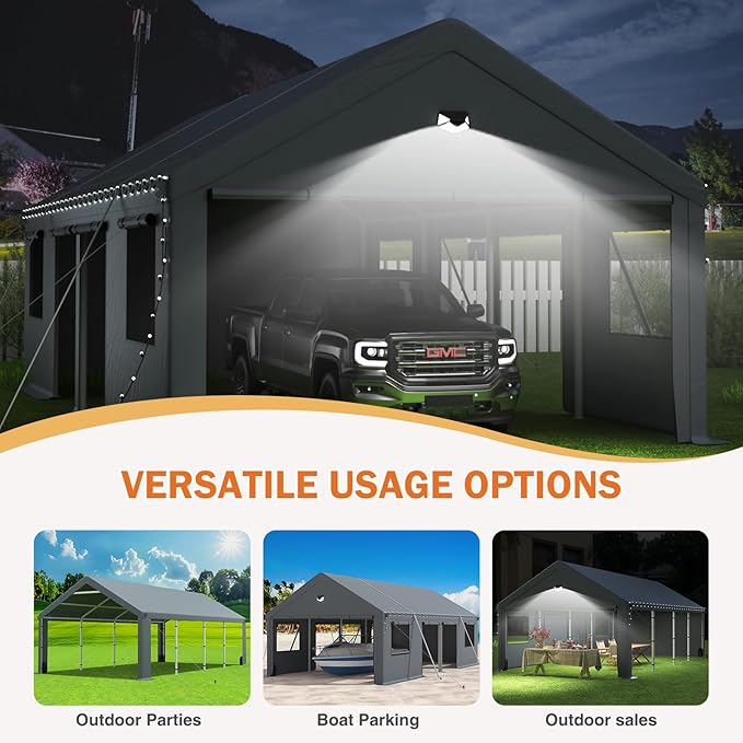 Carports 10X16 Heavy Duty，Portable Car Port Garage，Carport Canopy with Side Doors，Outdoor Car Shelter All Weather,Grey