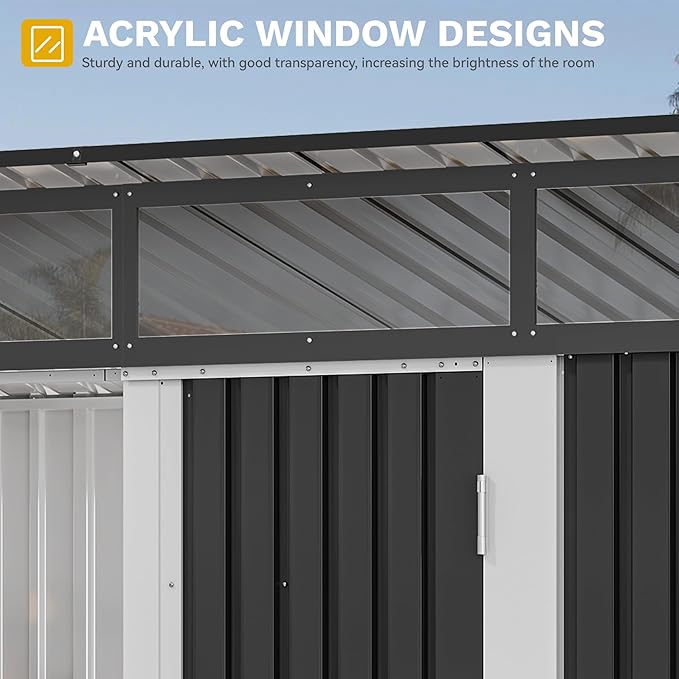 DWVO 9x4 FT Storage Shed for Bicycle, Functional Metal Tool Shelter Garden Storage Unit with Acrylic Windows, Secure Entry Lock, Water-Resistant Waste Enclosure for Outdoor Patio Garden(Dark Gray)
