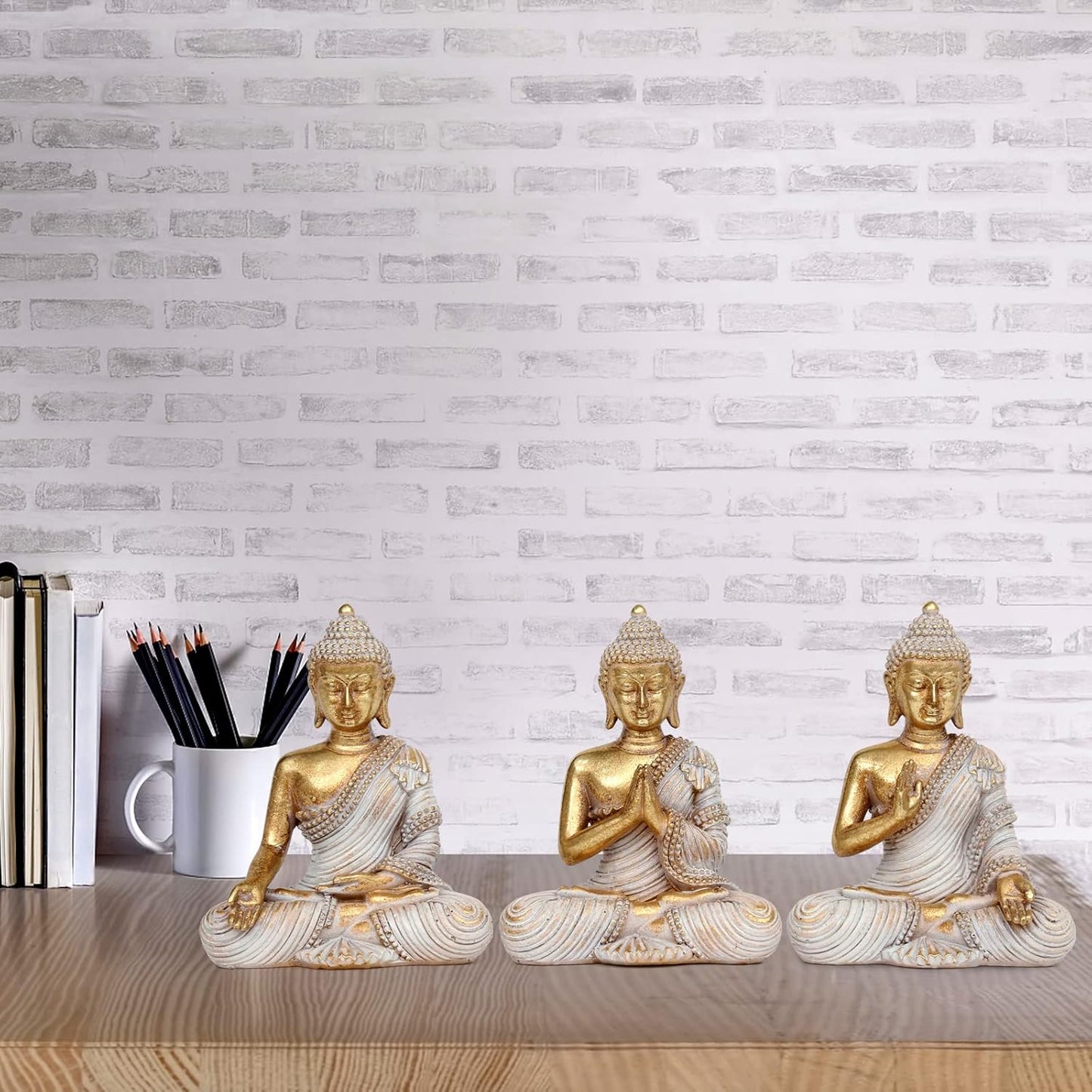 Buddha Statue for Home Decor Gold 4.3'' Set of 3-Small Buddha Statues for Zen Decor-Table Desk Spiritual Decor-Buddha Decor for Living Room-Indoor Buddha Gift for Relaxation, Meditation or Shrine