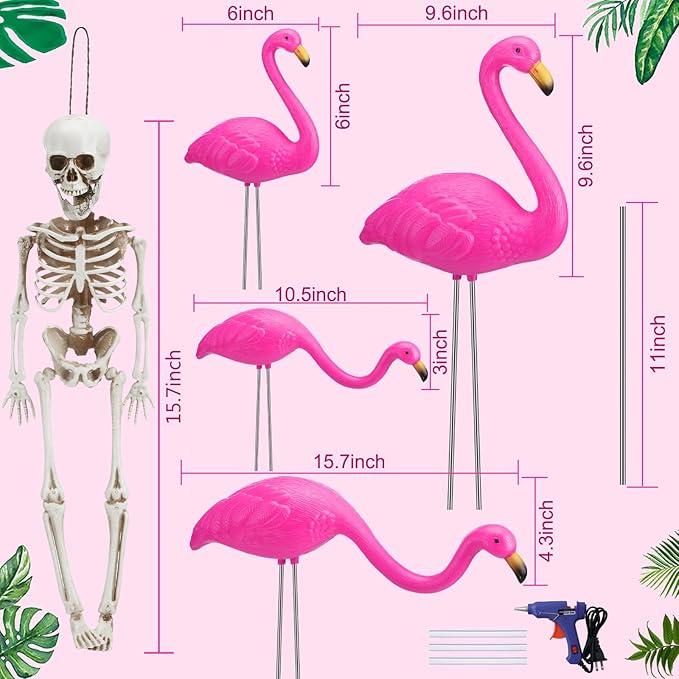 8 Pcs Halloween Skeleton Flamingo Decoration Outdoor Yard Ornament 15.7" Plastic Skeleton Decor with Posable Legs Flamingo Statue Decor for Yard Garden Lawn(Pink,M,Classic)
