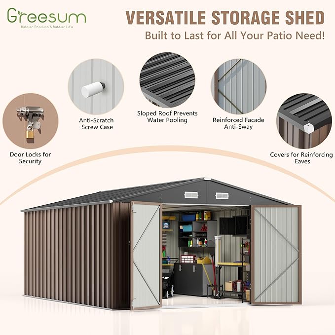 Greesum 10×14 FT Outdoor Storage Shed, Metal Storaged Sheds Without Floor, Tool Sheds with Lockable Doors and Sloping Roof for Garden, Patio, Backyard, Brown