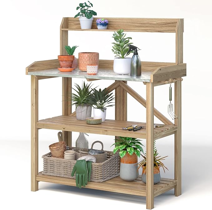 ARNOT Potting Bench, Enhanced 3-Shelf Potting Benches for Outdoors, Wooden Garden Potting Bench Tables W/Metal Tabletop & Cabinet Drawer, 3 Hooks