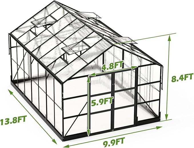 AMERLIFE 10x14x8.4 FT Polycarbonate Greenhouse, Heavy-Duty Aluminum Frame Outdoor Greenhouse with 4 Roof Vents & Rain Gutters for Backyard Garden, Black