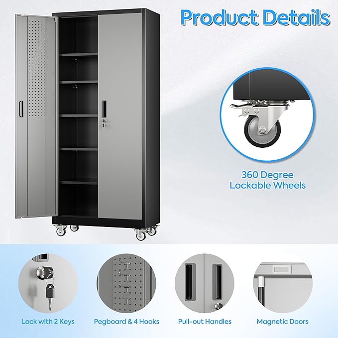 71"H×32"W×16"D Rolling Tool Storage Cabinet with 5 Adjustable Shelves and Pegboard,Metal Garage Storage Cabinet with Wheels for Garage Home Office Utility Room,Required Assembly, Black and Dark Grey