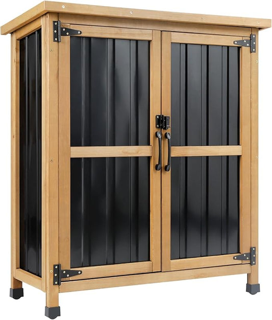 Wood & Metal Outdoor Storage Cabinet with Waterproof Roof, Garden Tool Shed with 4 T-Hinge, 4 Adjustable feet and Magnetic Door, 2 Removable Shelves, Easy Installation, 13.5" D x 34.5" W x 39" H
