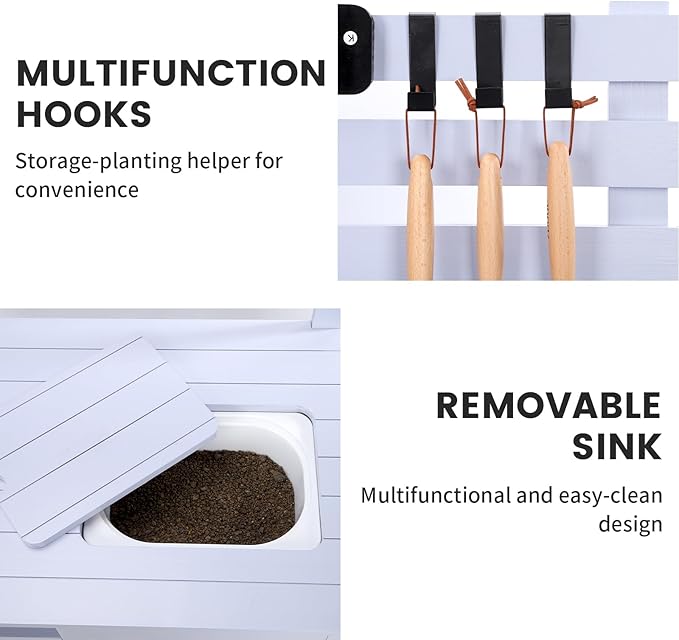 Kids Potting Bench Table Outdoor Garden Table Wooden Work Station Outdoor Garden Work Bench Platform with 3 Side Hook Shelf Natural Wood Blue Gift for Boys Girls