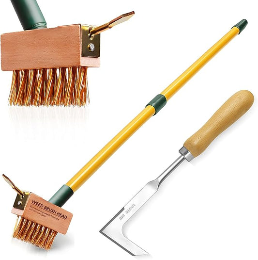 Extendable Weed Brush Telescopic Gardening Tool with Angled Wire Bristles, Spare Heads, and Weeder Scraper for Clearing Weeds, Moss, and Algae from Patios, Driveways, and Block Paving