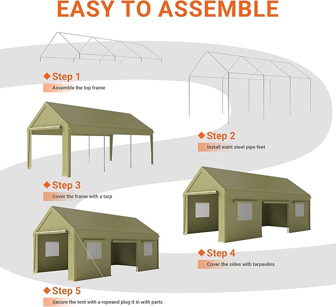 12x20 FT Carport, Heavy Duty Carport, Portable Garage with Side-Opening Door & Roll-Up Windows, Car Canopy Reinforced Four-Hole Base for Car, Truck, Boat, Motorcycle, Green