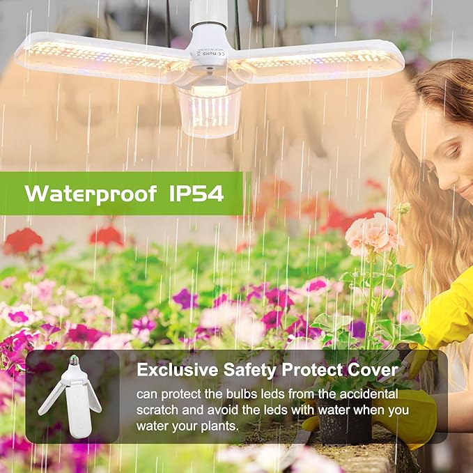 150W LED Grow Light Bulb - Full Spectrum Plant Growing Lamp for Indoor Plants 414 LEDs Light Bulbs E27 Base with Waterproof Foldable Three-Leaf Lamp Body for Hydroponics Garden Greenhouse Houseplants