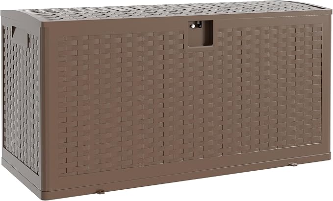 73Gallon Brown Resin Deck Box, Outdoor Storage Box Waterproof Lockable, Patio Deck Box For Package Delivery, Outside Storage Box Container for Furniture Cushions, Garden Tools, Pool Accessories