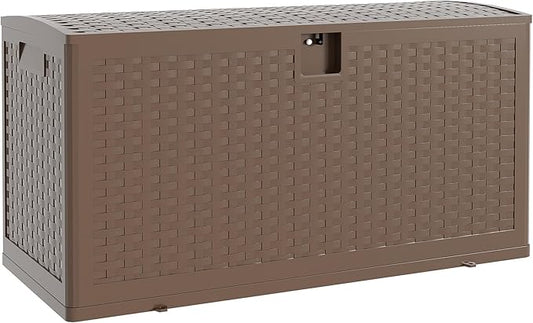 73Gallon Brown Resin Deck Box, Outdoor Storage Box Waterproof Lockable, Patio Deck Box For Package Delivery, Outside Storage Box Container for Furniture Cushions, Garden Tools, Pool Accessories
