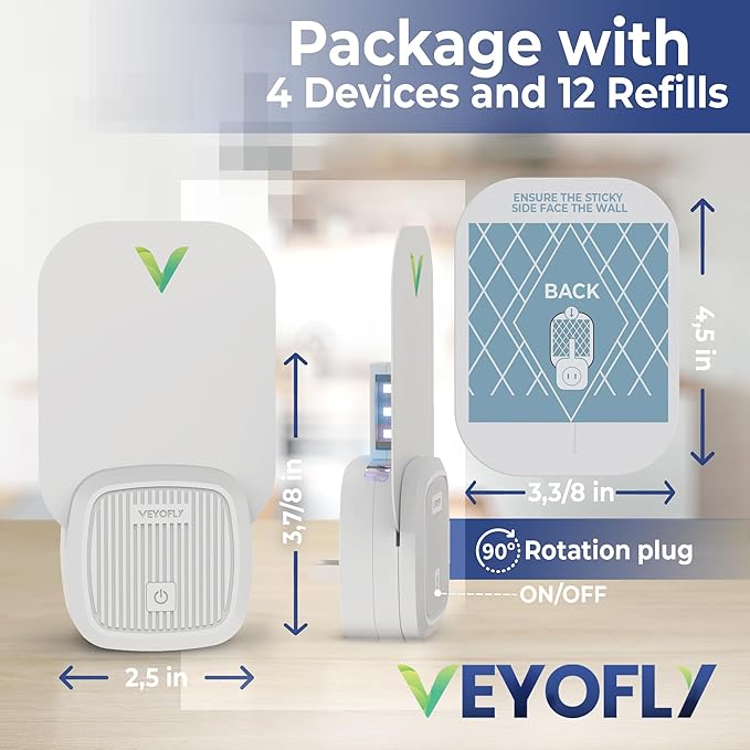 VEYOFLY Fly Trap Indoor, Fruit Fly Traps for Indoors, (4 Device + 12 Refills) Gnat Traps for House Indoor, Fly Catcher Indoor, Plug in Light Flying Insect Trap, Bug Light Killer, Fly Trap