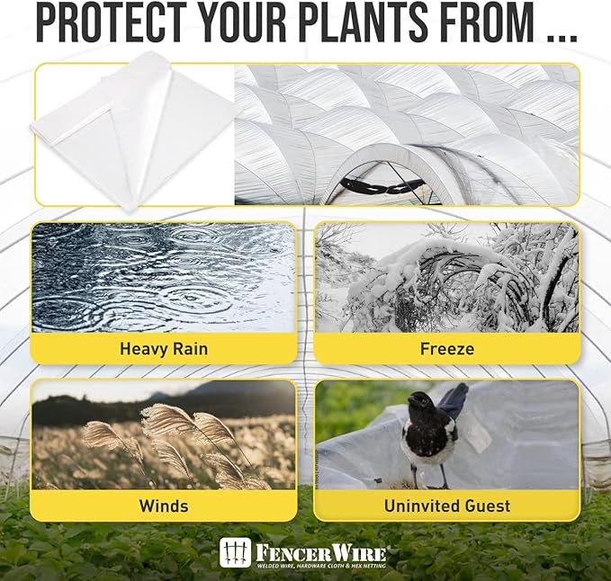 Fencer Wire 6 mil Clear Greenhouse Plastic Sheeting UV Resistant Polyethylene Greenhouse Film, Hoop House Cover for Horticulture, Gardening, Farming and Agriculture 90% Light Transmittance, 25’ x 40’