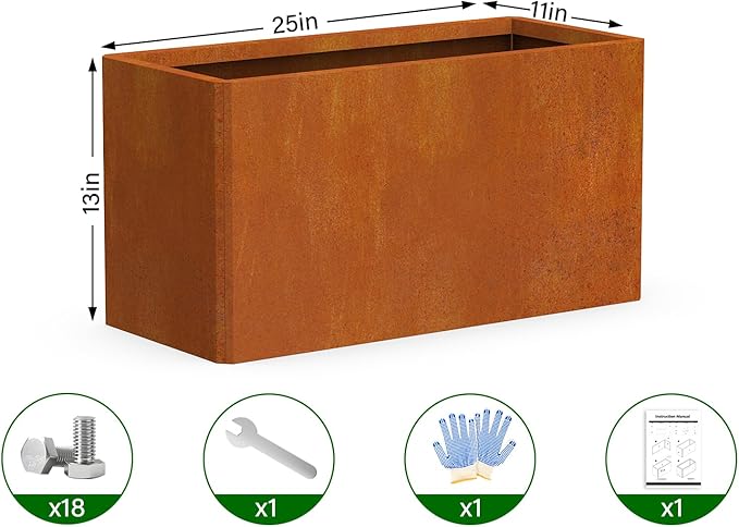 Metal Planter Box - 25x11x13H Inch, Co rten Steel Planter for Patio, Garden, Porch - Brown